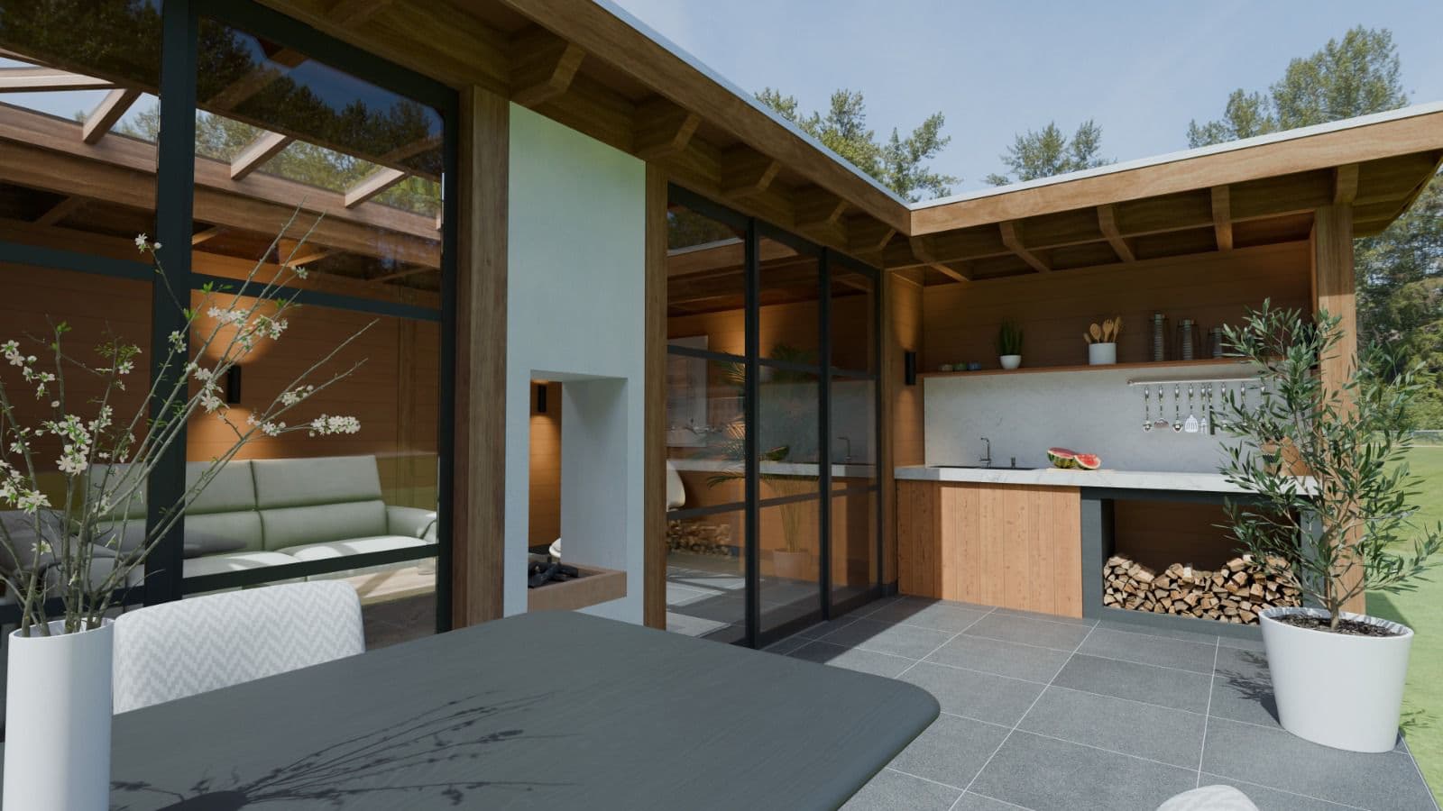 Buitenkeuken met veranda en houten constructie